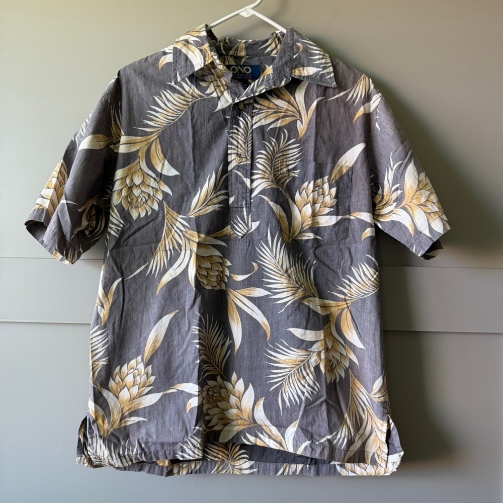Ono & Company Hawaiian Shirt Mens Medium Gray Gold Tropical Floral Cotton Aloha